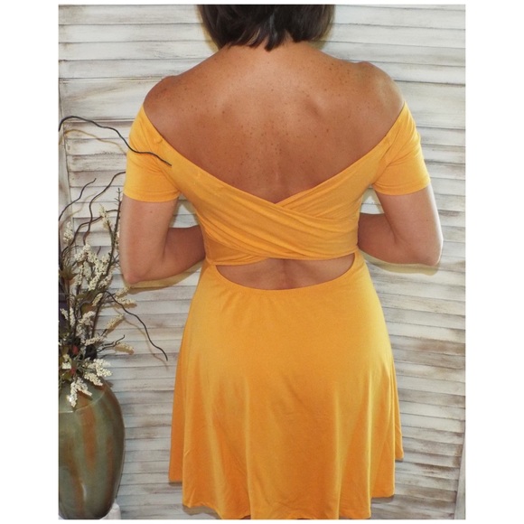 Off Shoulder Cross Back A-Line Dress Yellow S/M/L - Picture 6 of 6